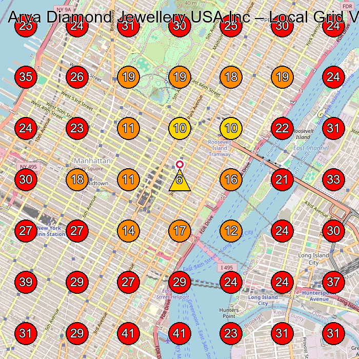 Arya Diamond Jewellery USA Inc GeoGrid visibility map for Jewelry Manufacturer in Long Island City